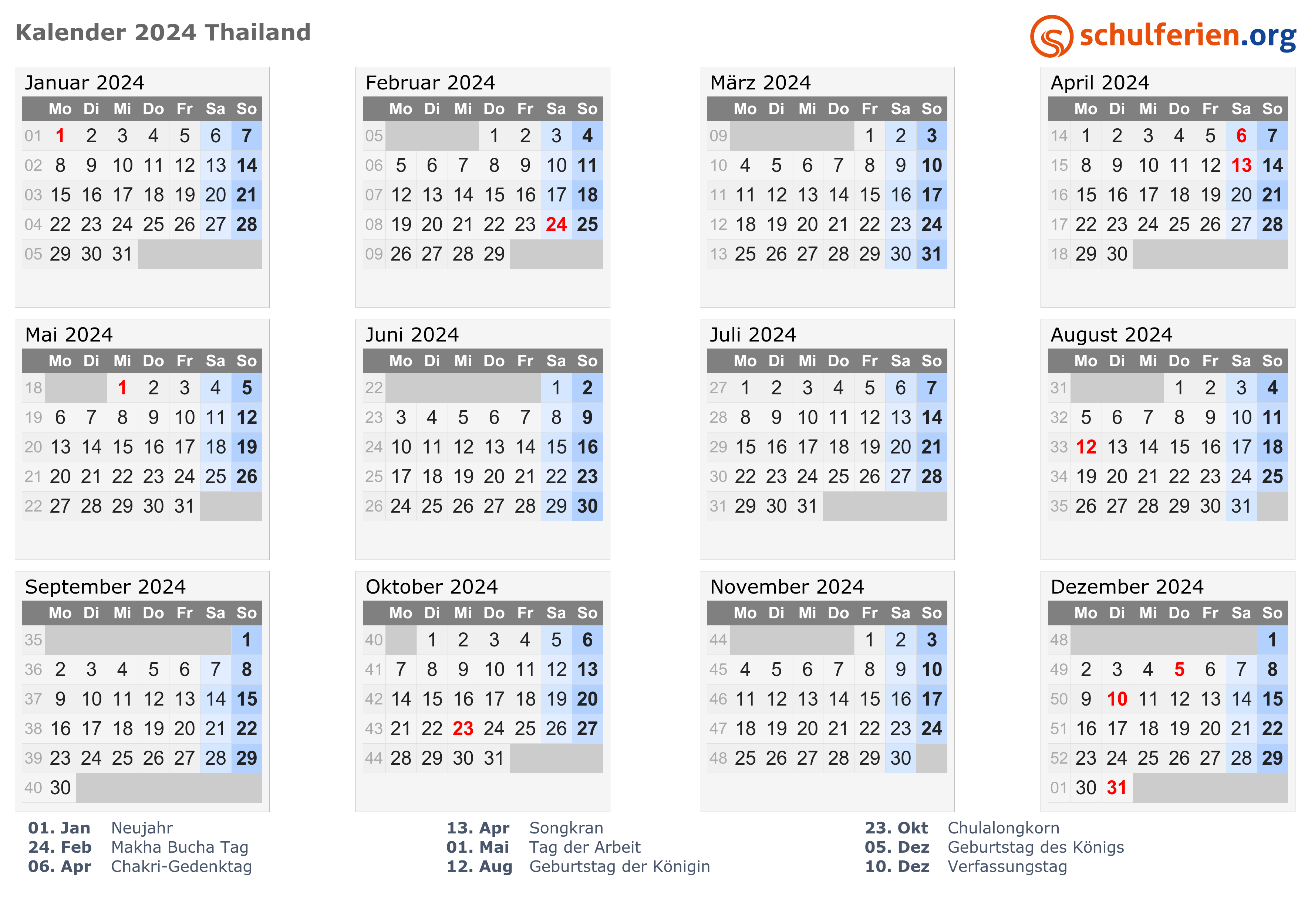 Kalender Thailand 2024 mit Feiertage