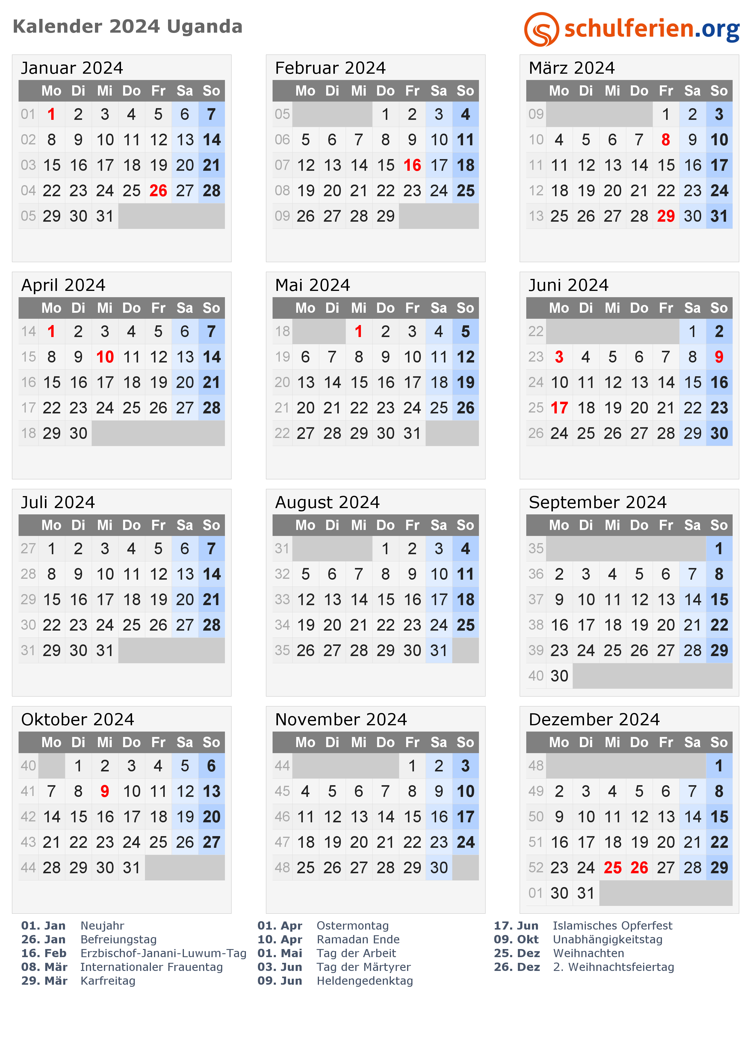 Kalender Uganda 2024 mit Feiertage
