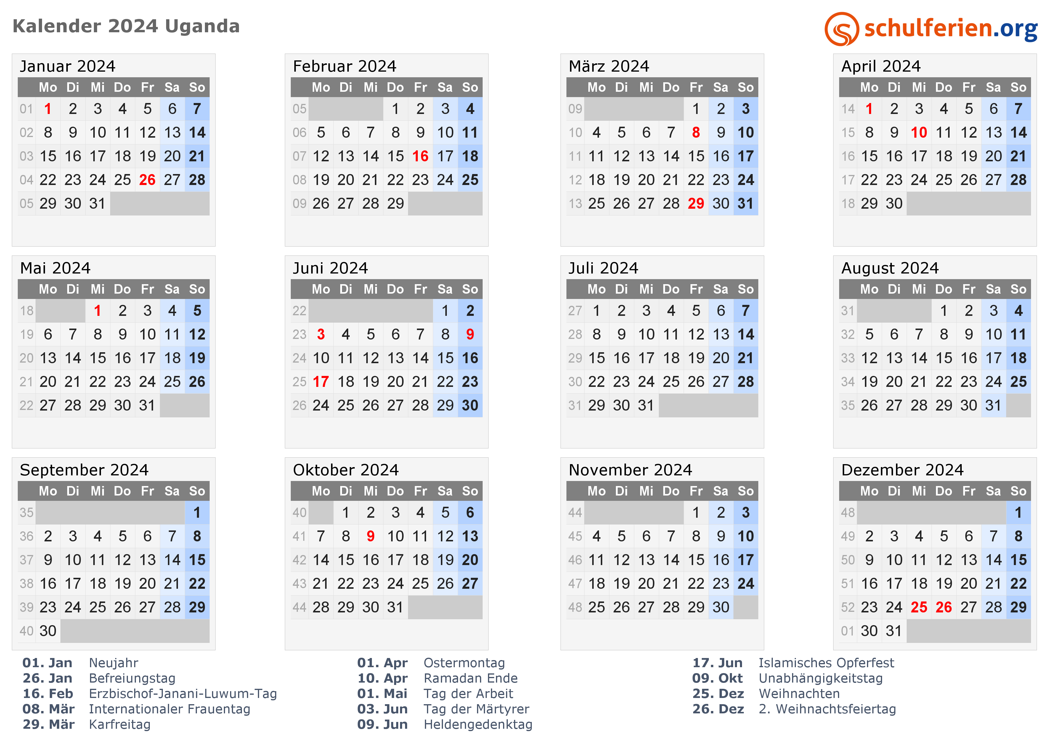 Kalender Uganda 2024 mit Feiertage