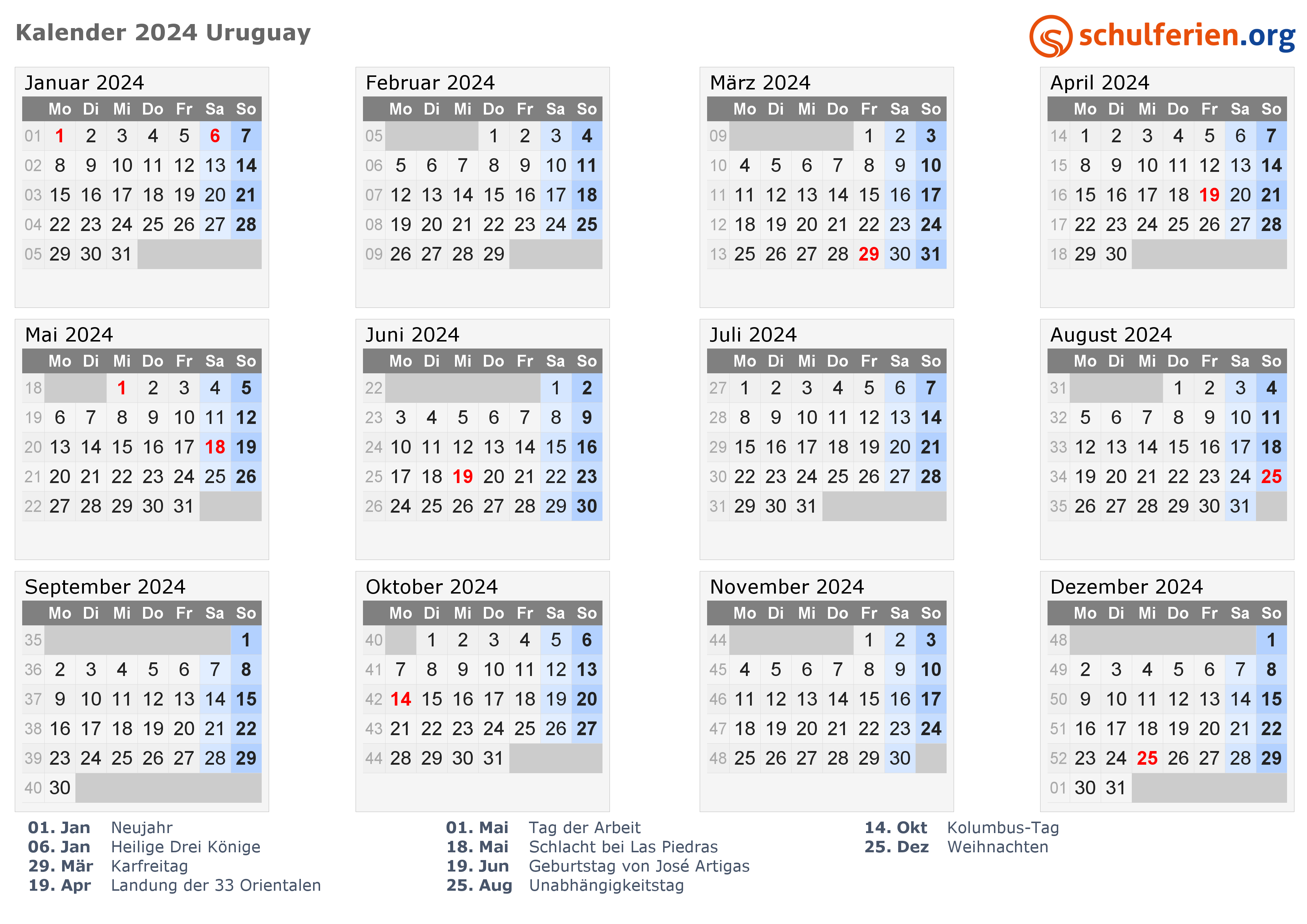 Kalender Uruguay 2024 mit Feiertage