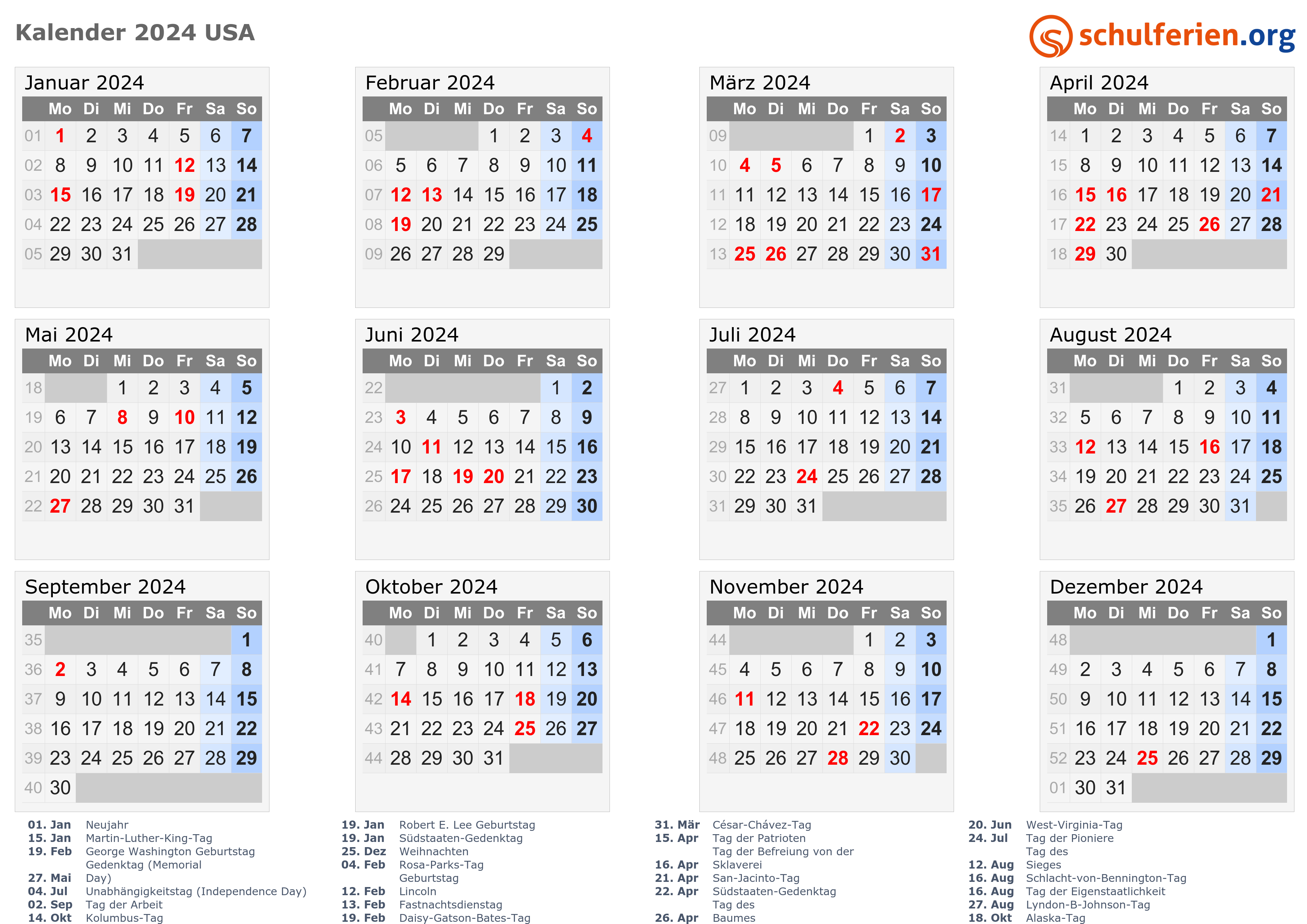 Kalender USA 2024 mit Feiertage
