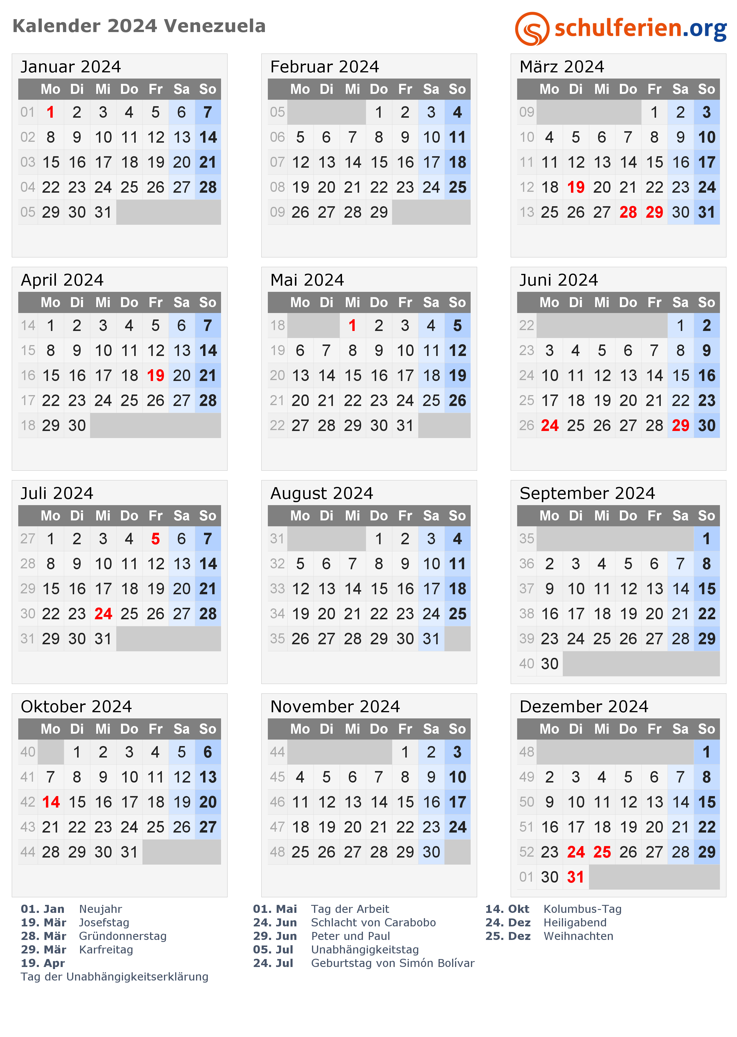 Kalender 2024 Venezuela Hoch 