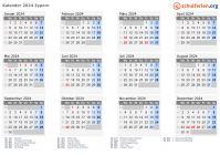 Kalender 2024 mit Ferien und Feiertagen Zypern