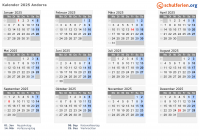 Kalender 2025 mit Ferien und Feiertagen Andorra