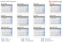 Kalender 2025 mit Ferien und Feiertagen Tasmanien
