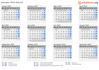 Kalender 2025 mit Ferien und Feiertagen Bahrain