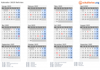 Kalender 2025 mit Ferien und Feiertagen Bolivien