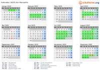 Kalender 2025 mit Ferien und Feiertagen Aix-Marseille