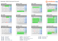 Kalender 2025 mit Ferien und Feiertagen Clermont-Ferrand