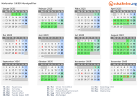 Kalender 2025 mit Ferien und Feiertagen Montpellier