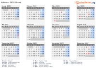 Kalender 2025 mit Ferien und Feiertagen Ghana
