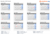 Kalender 2025 mit Ferien und Feiertagen Israel