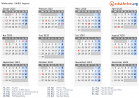 Kalender 2025 mit Ferien und Feiertagen Japan