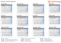 Kalender 2025 mit Ferien und Feiertagen Kirgisistan