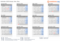 Kalender 2025 mit Ferien und Feiertagen Kongo, Dem. Rep.