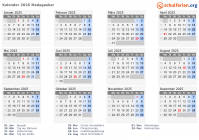 Kalender 2025 mit Ferien und Feiertagen Madagaskar