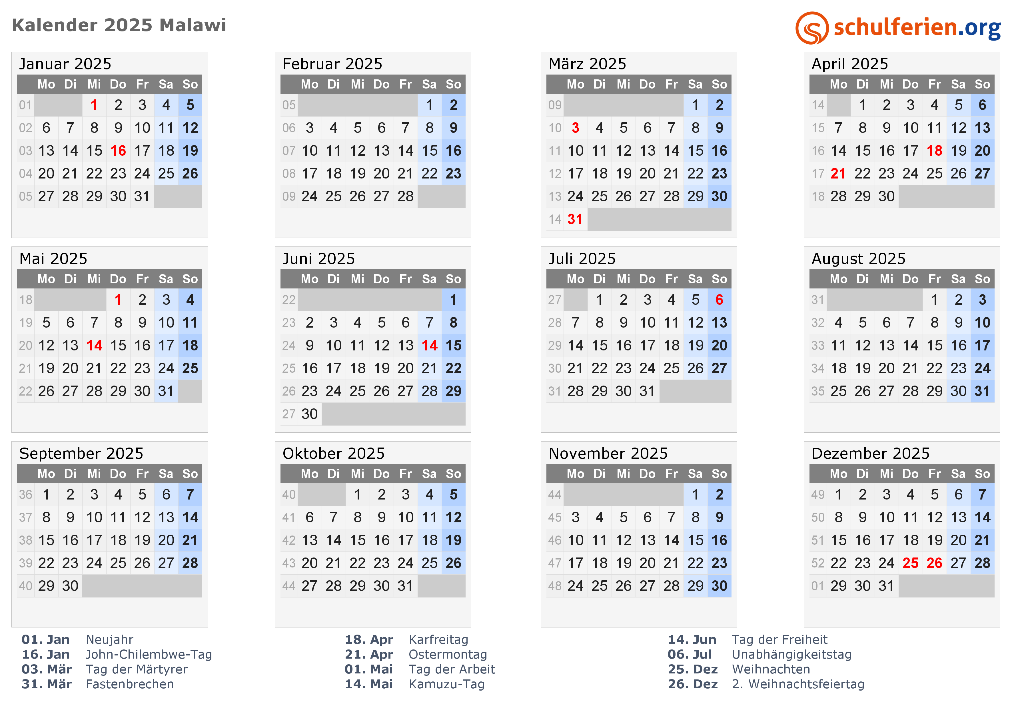 Kalender Malawi 2025 Mit Feiertage