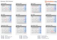 Kalender 2025 mit Ferien und Feiertagen Malawi