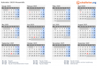 Kalender 2025 mit Ferien und Feiertagen Mosambik