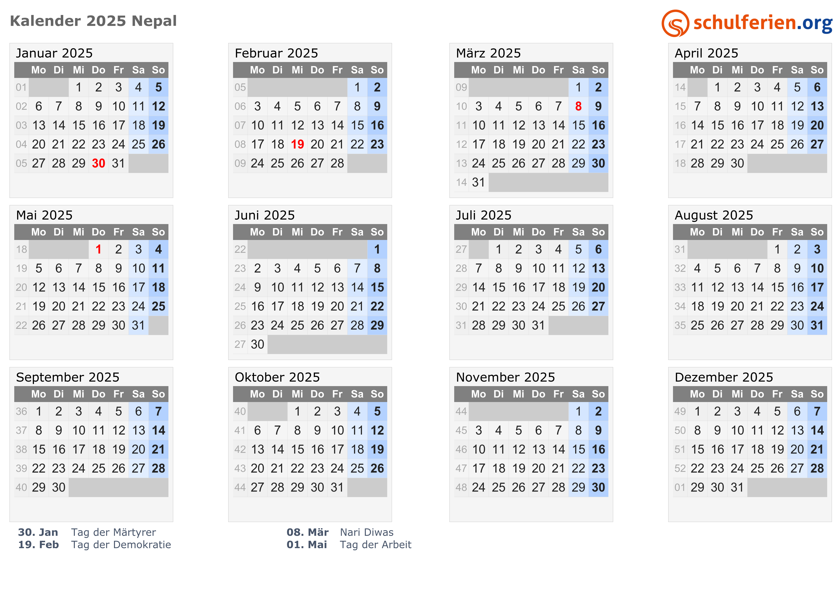 Kalender Nepal 2025 Mit Feiertage