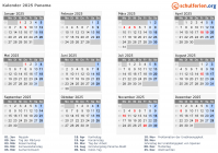 Kalender 2025 mit Ferien und Feiertagen Panama