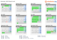 Kalender 2025 mit Ferien und Feiertagen Basel-Land