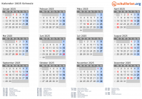 Kalender 2025 mit Ferien und Feiertagen Schweiz
