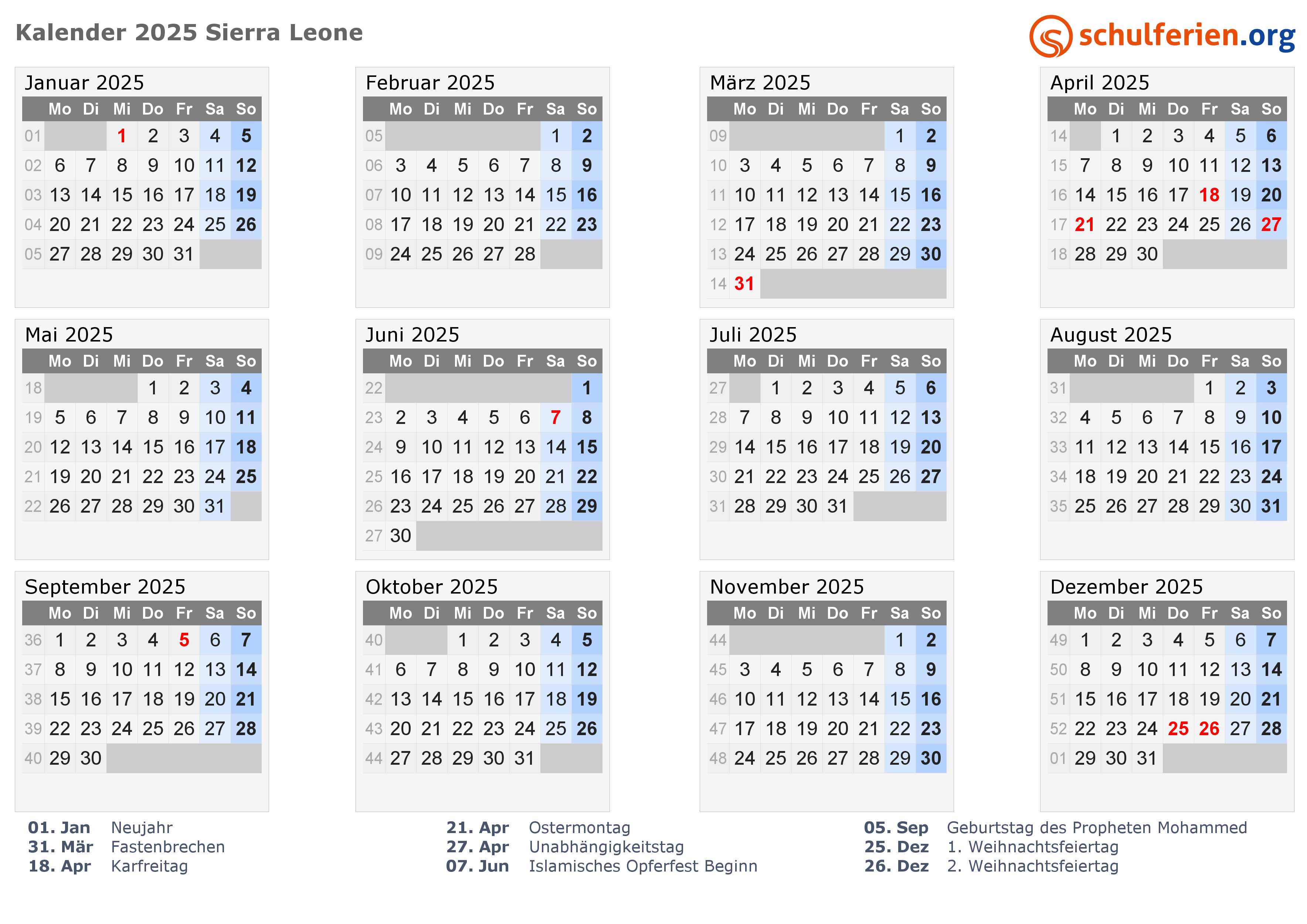 Kalender Sierra Leone 2025 Mit Feiertage
