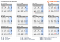 Kalender 2025 mit Ferien und Feiertagen Sierra Leone