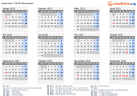 Kalender 2025 mit Ferien und Feiertagen Slowakei