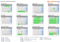 Kalender 2025 mit Ferien und Feiertagen Prag-West