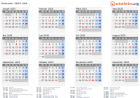 Kalender 2025 mit Ferien und Feiertagen USA