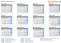 Kalender 2026 mit Ferien und Feiertagen Äthiopien