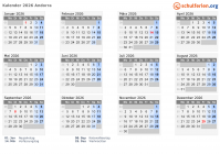Kalender 2026 mit Ferien und Feiertagen Andorra