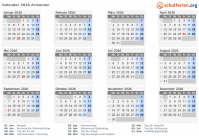 Kalender 2026 mit Ferien und Feiertagen Armenien