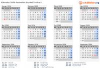 Kalender 2026 mit Ferien und Feiertagen Australisches Hauptstadtterritorium