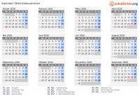 Kalender 2026 mit Ferien und Feiertagen Südaustralien