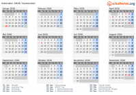 Kalender 2026 mit Ferien und Feiertagen Tasmanien