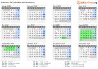 Kalender 2026 mit Ferien und Feiertagen Baden-Württemberg