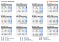 Kalender 2026 mit Ferien und Feiertagen Bahamas