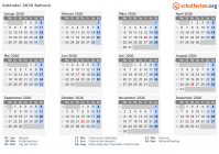 Kalender 2026 mit Ferien und Feiertagen Bahrain