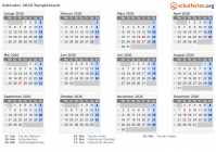 Kalender 2026 mit Ferien und Feiertagen Bangladesch