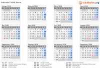 Kalender 2026 mit Ferien und Feiertagen Benin