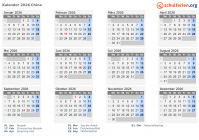 Kalender 2026 mit Ferien und Feiertagen China
