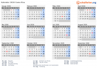 Kalender 2026 mit Ferien und Feiertagen Costa Rica