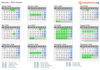 Kalender 2026 mit Ferien und Feiertagen Assens