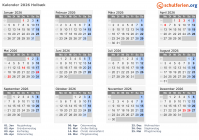 Kalender 2026 mit Ferien und Feiertagen Holbæk