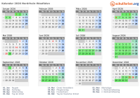 Kalender 2026 mit Ferien und Feiertagen Nordrhein-Westfalen