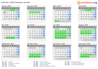 Kalender 2026 mit Ferien und Feiertagen Sachsen-Anhalt
