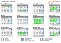 Kalender 2026 mit Ferien und Feiertagen Thüringen